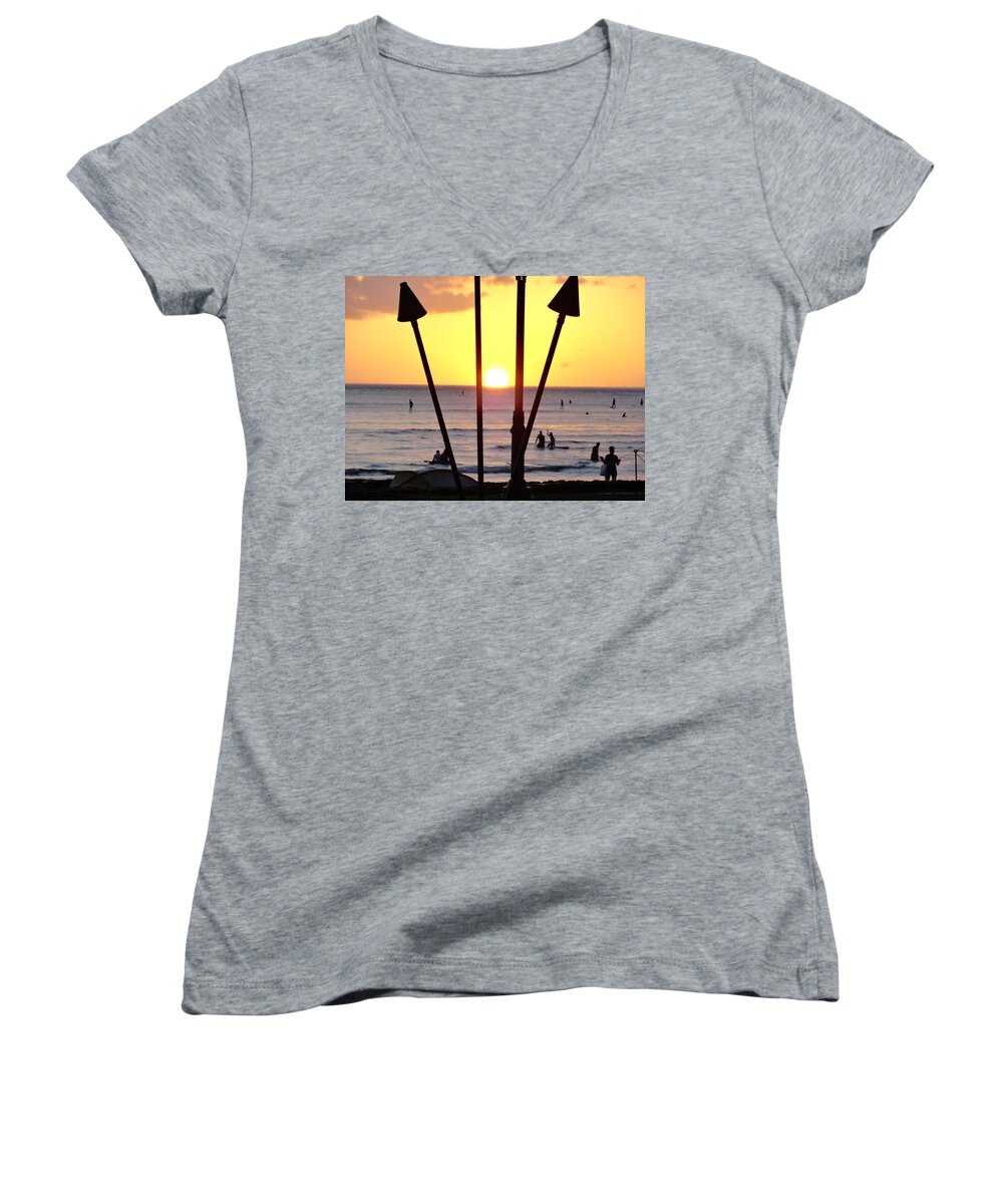 Sunset Women's V-Neck featuring the photograph Torched Sunset by Robert Meyers-Lussier