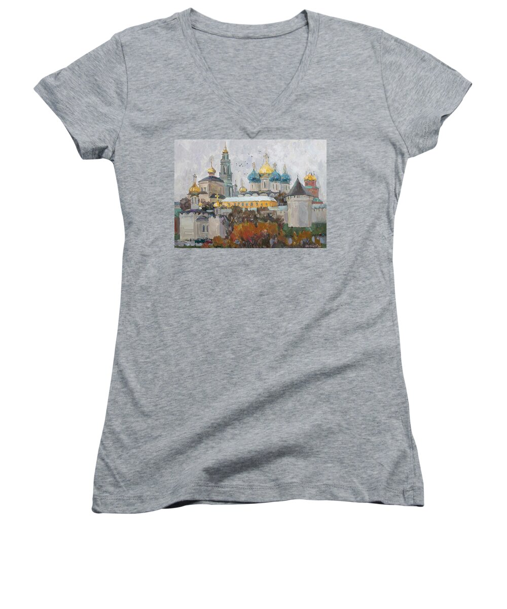 Church Women's V-Neck featuring the painting Trinity-St. Sergius Lavra by Juliya Zhukova