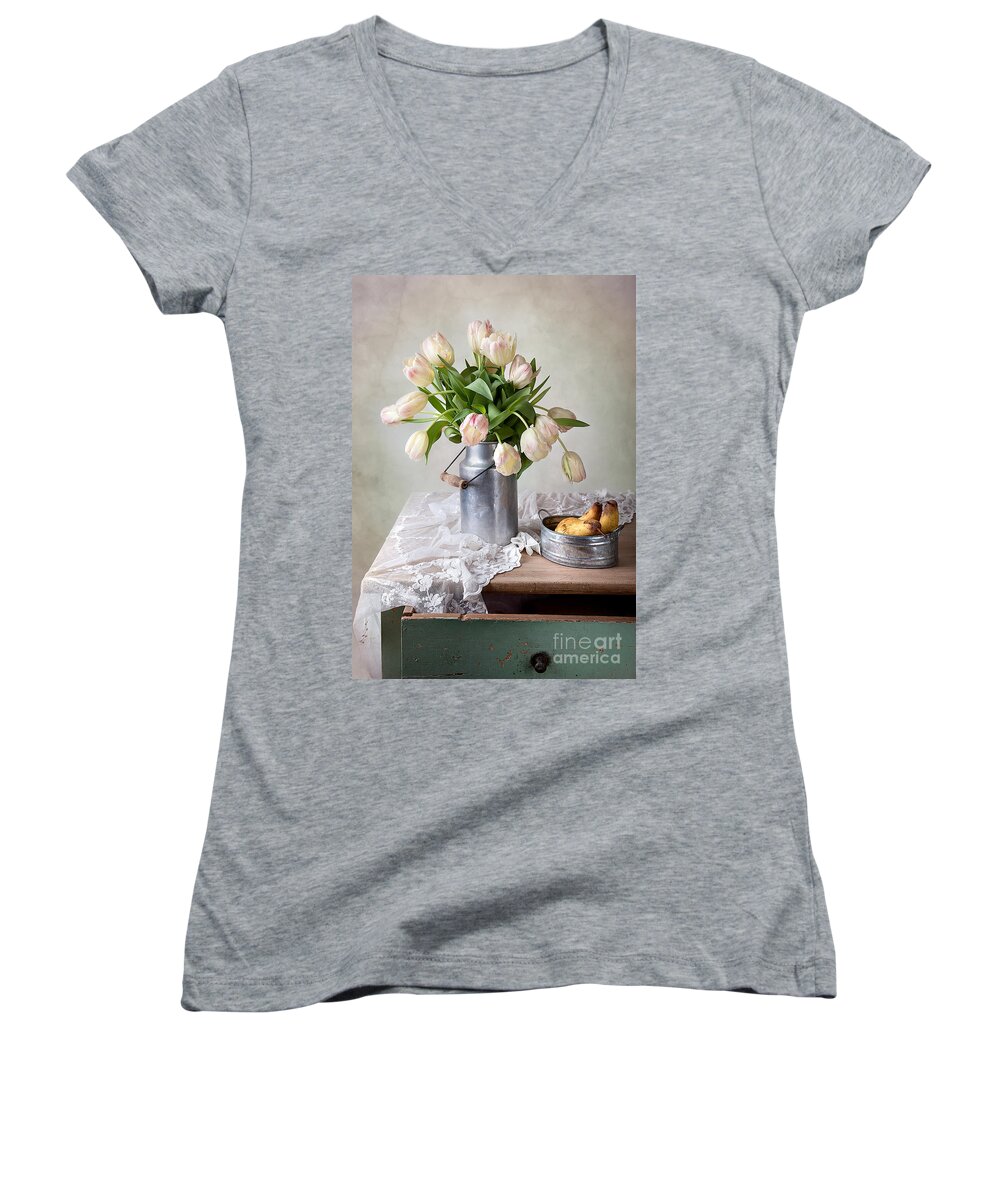 Tulip Women's V-Neck featuring the photograph Tulips and Pears by Nailia Schwarz