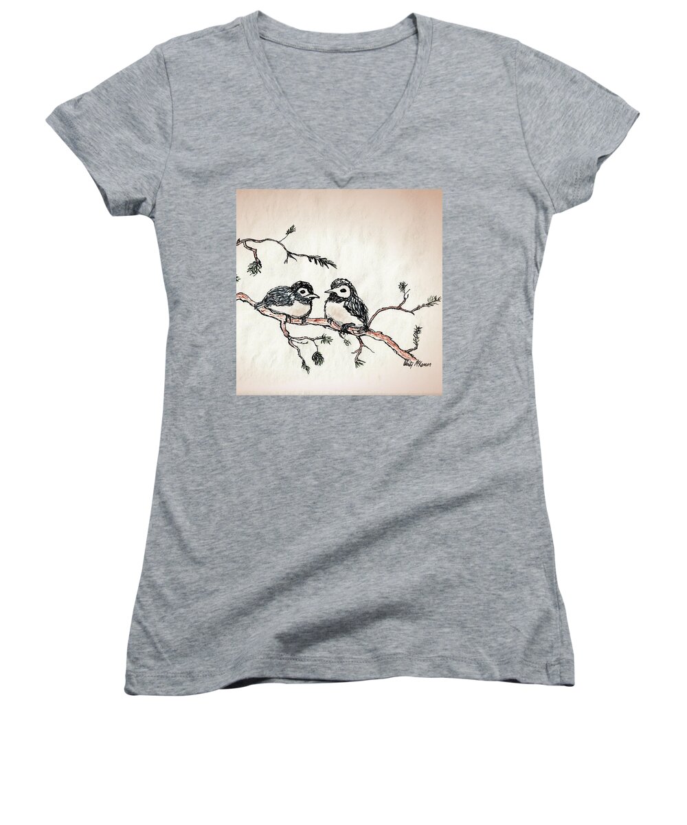 Colored Markers Women's V-Neck featuring the drawing Two Birds by Wendy McKennon