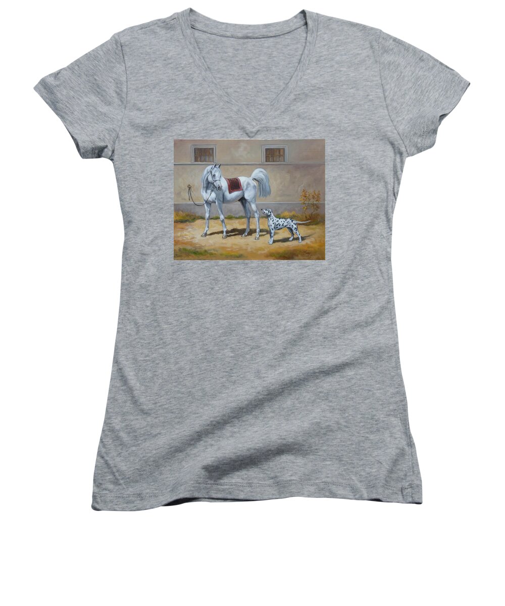 Horse Women's V-Neck featuring the painting Two buddies by Irek Szelag