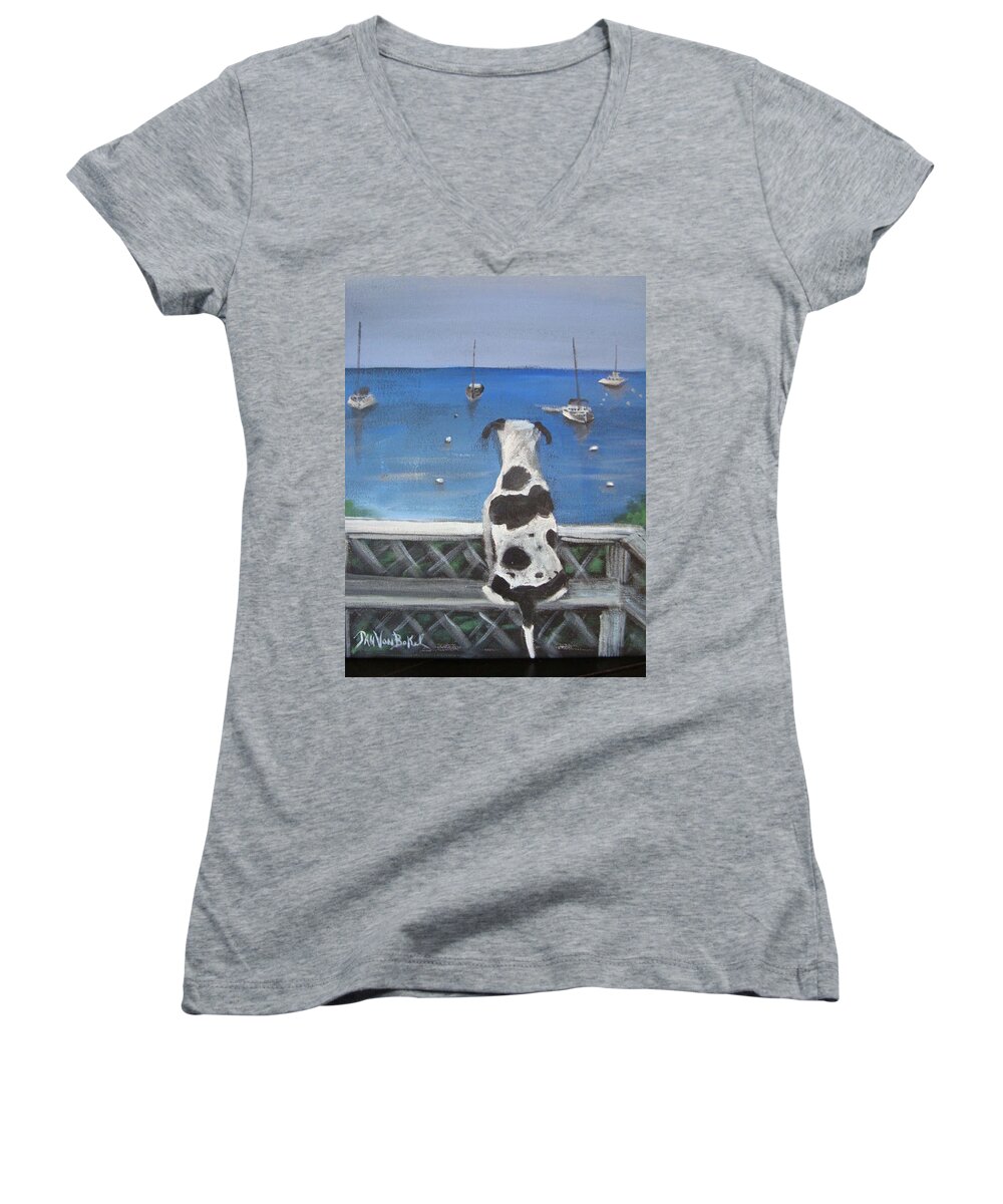Dalmation Women's V-Neck featuring the painting When my ship comes in by Jan VonBokel