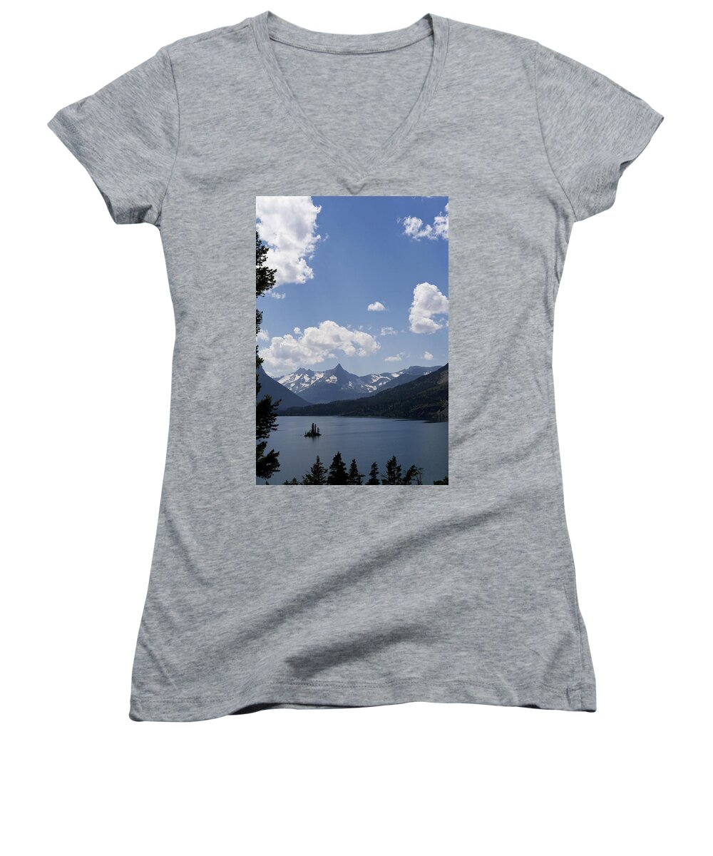 Goose Island Women's V-Neck featuring the photograph Wild Goose Island Floats in St Mary Lake by Lorraine Devon Wilke