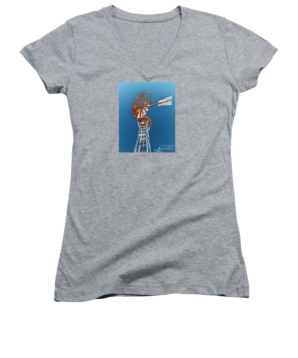 Windmill Women's V-Neck featuring the photograph Windmill Rust orange with blue sky by Rebecca Margraf