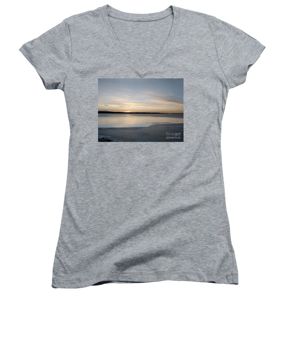 Sunset Women's V-Neck featuring the photograph Winter Sunset Over Lake by Art Whitton