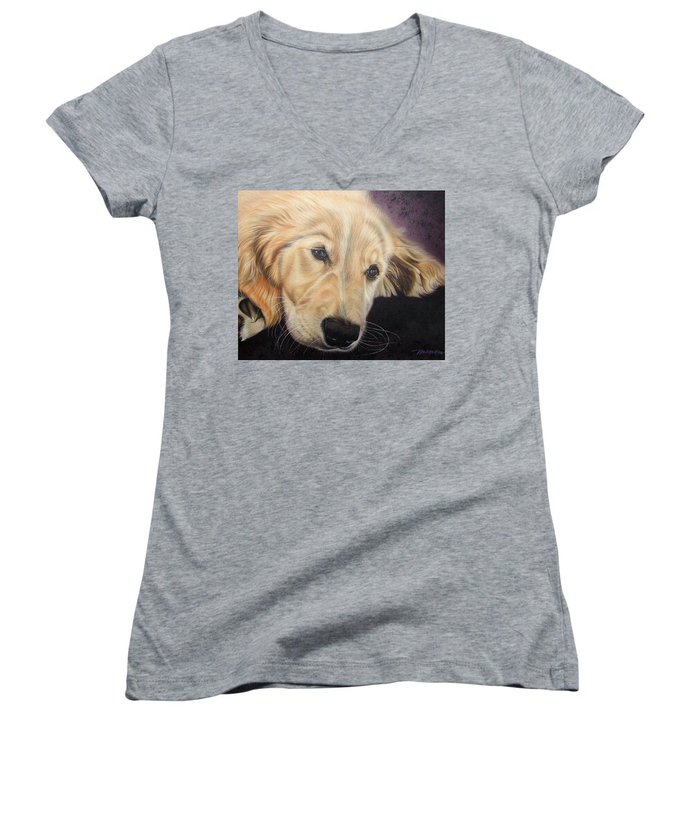 Big Dogs/cute/labs/yellow Labs/medium Pets Women's V-Neck featuring the painting Yellow Lab by Dan Menta