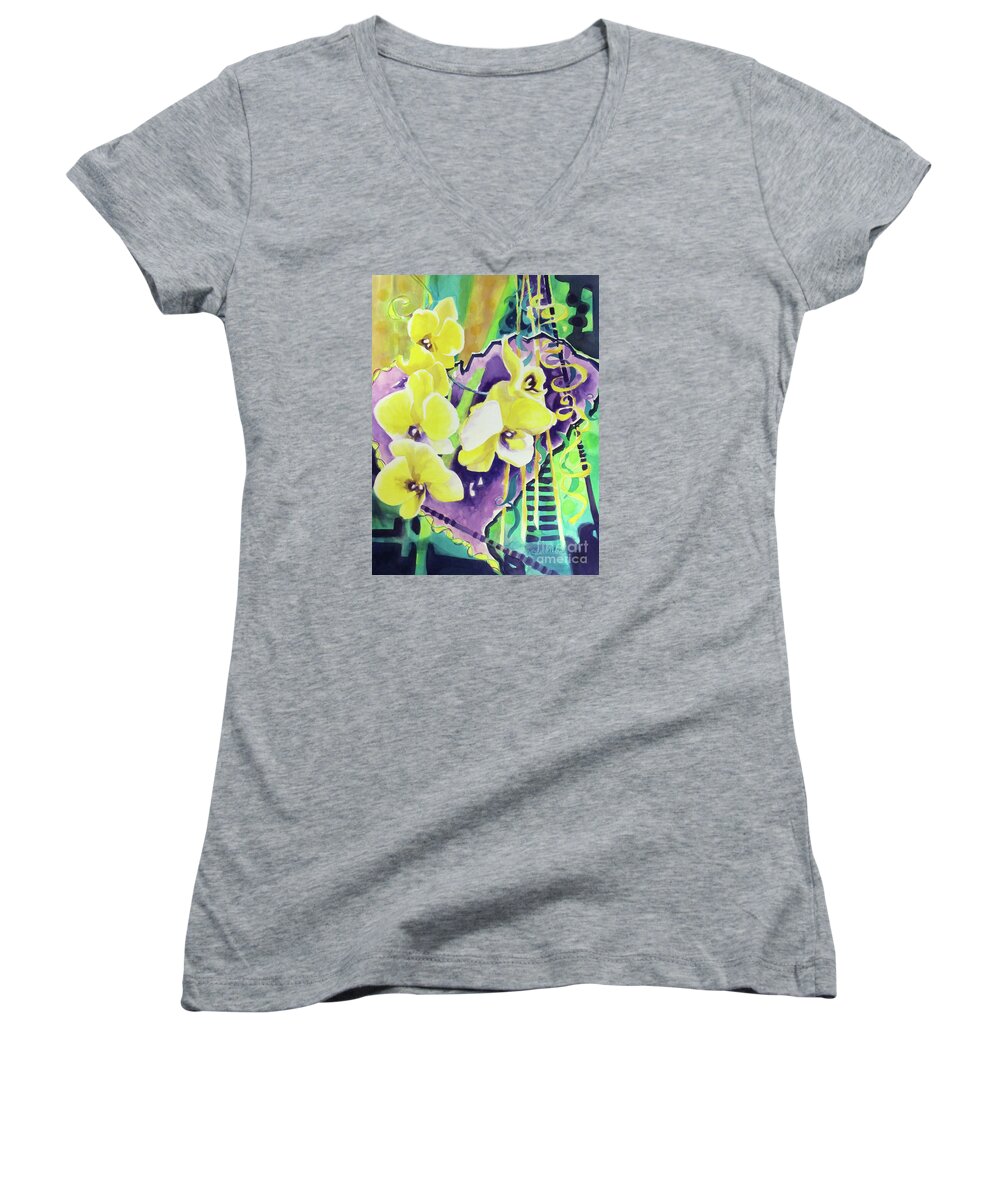 Paintings Women's V-Neck featuring the painting Yellow Orchids of the Heart by Kathy Braud