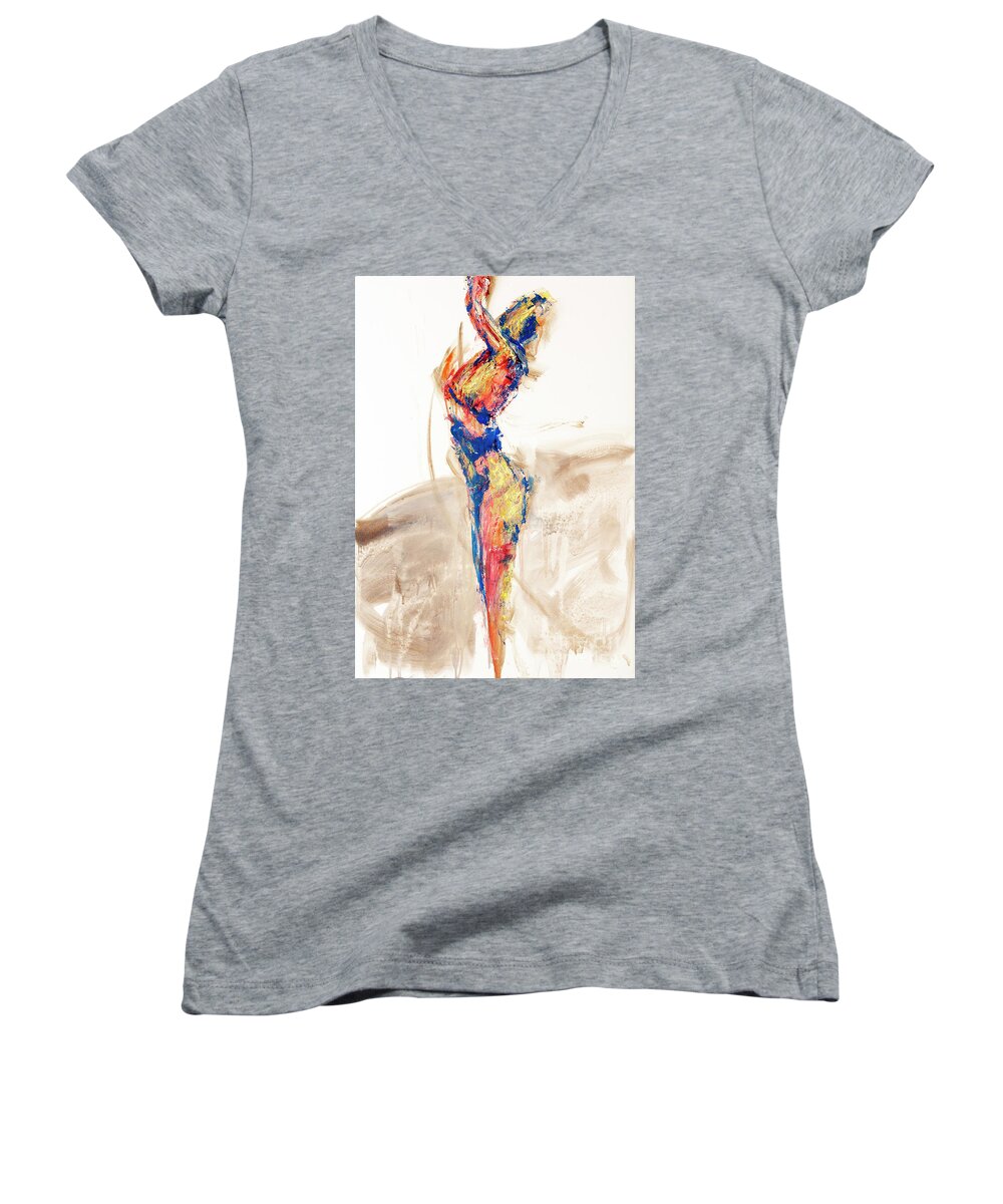 Figure Women's V-Neck featuring the painting 04997 Bird Call by AnneKarin Glass