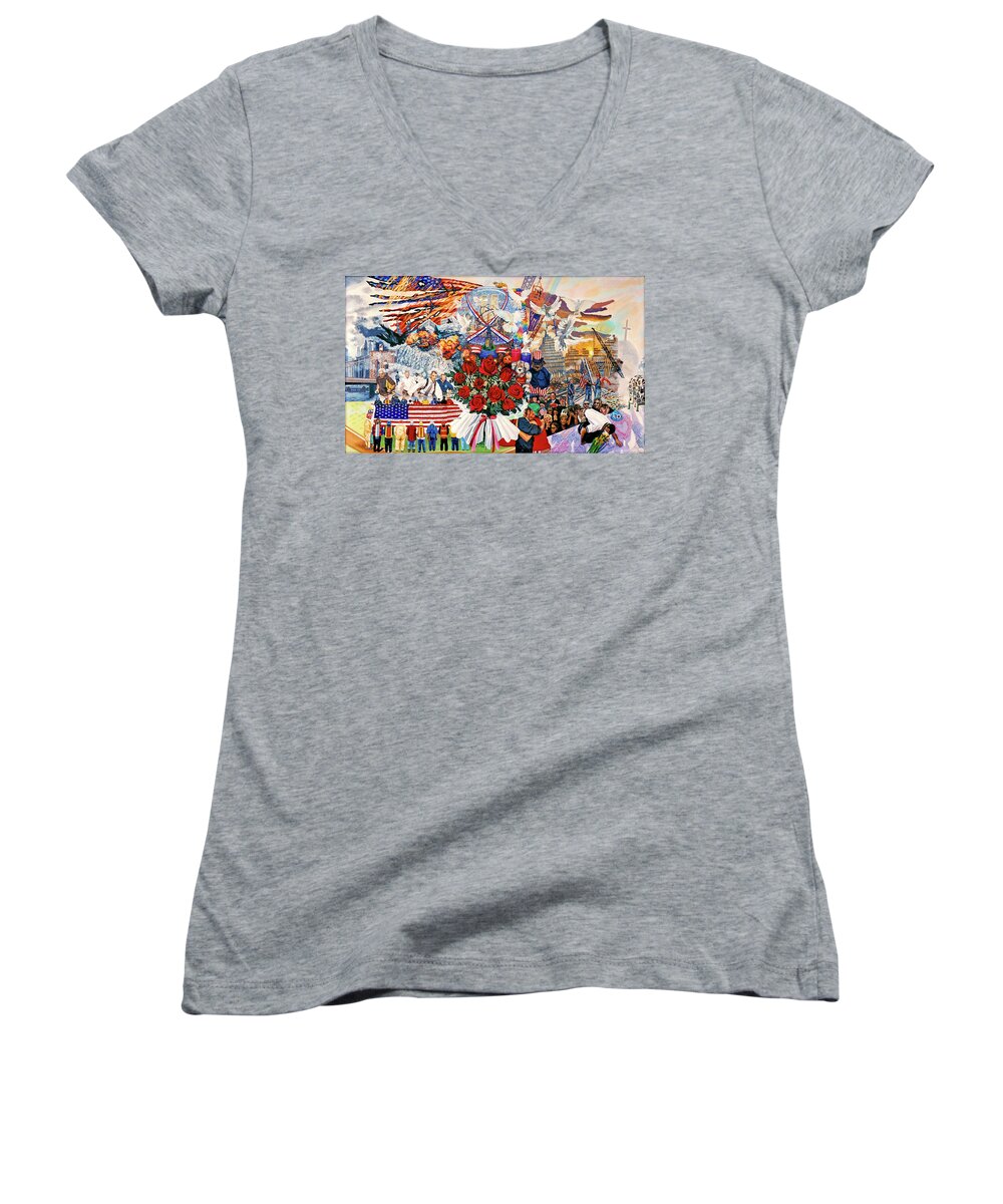 9/11/01 Women's V-Neck featuring the painting 9/11 Memorial #1 by Bonnie Siracusa