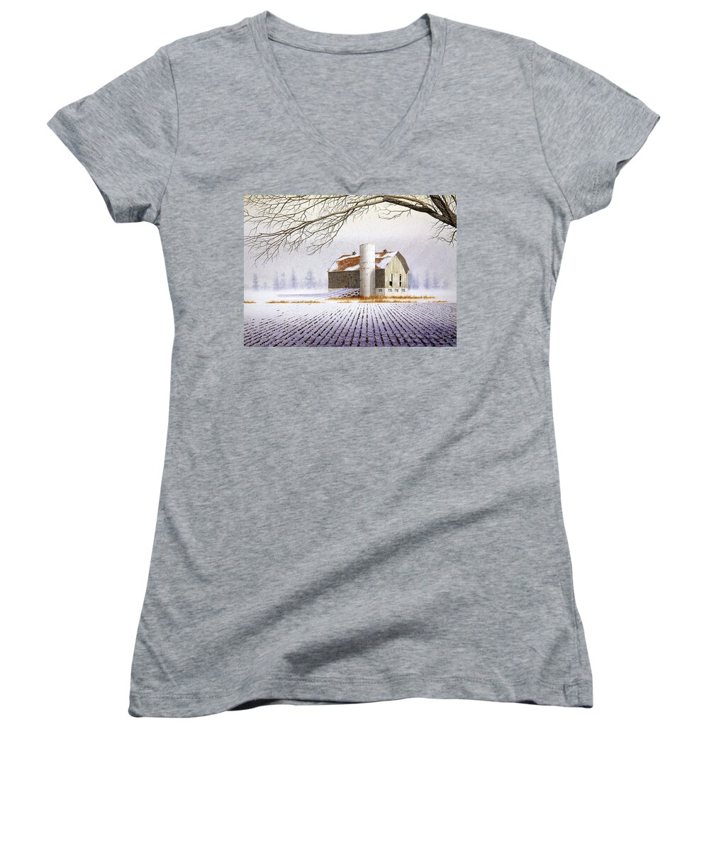 Rural Women's V-Neck featuring the painting A far distant Feeling by Conrad Mieschke