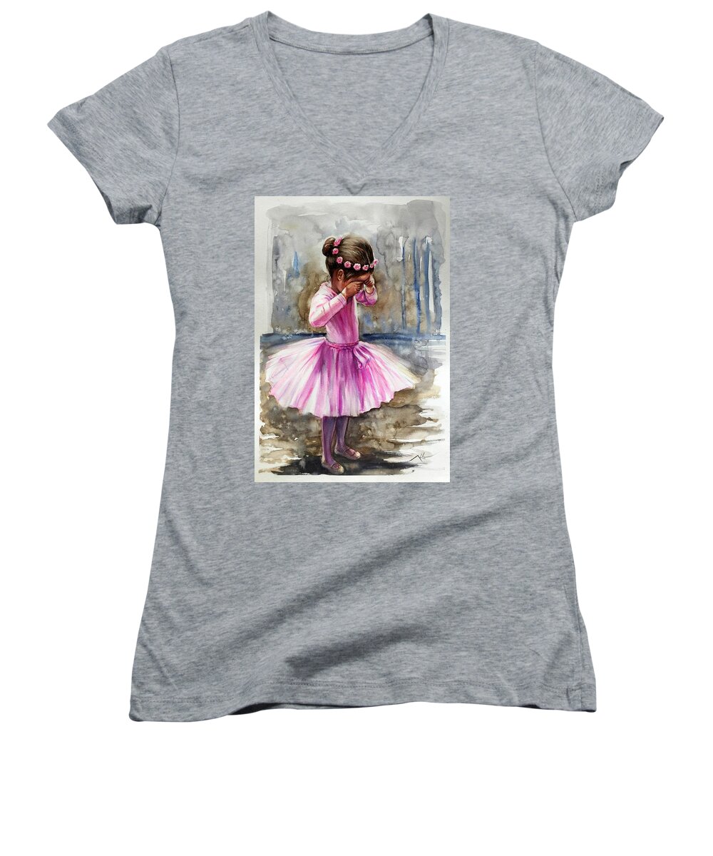 A Girl Women's V-Neck featuring the painting After the rehearsal #1 by Katerina Kovatcheva