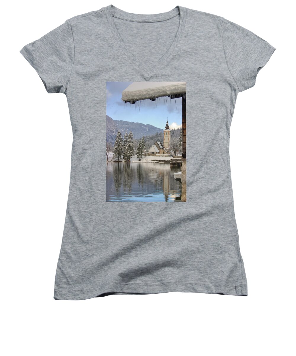 Bohinj Women's V-Neck featuring the photograph Alpine winter clarity #1 by Ian Middleton