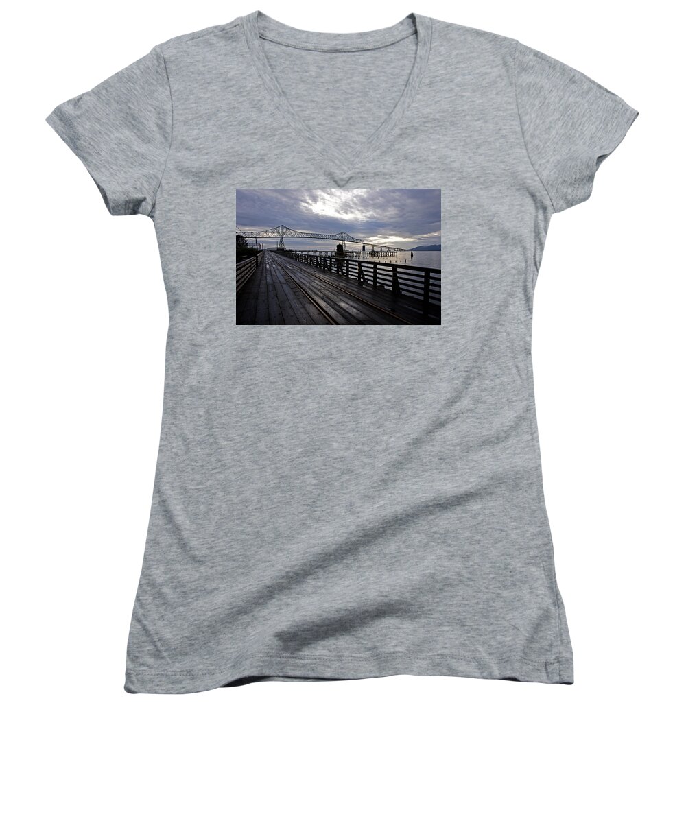 Landscape Women's V-Neck featuring the photograph Astoria-Megler Bridge 4 #1 by Lee Santa