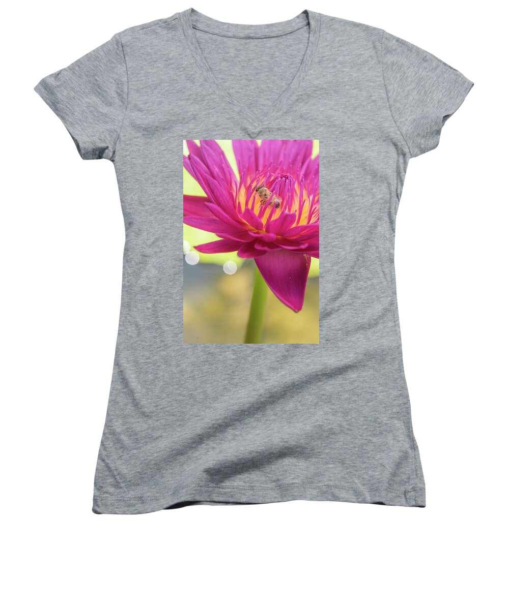 Lily Women's V-Neck featuring the photograph Attraction. #1 by Usha Peddamatham
