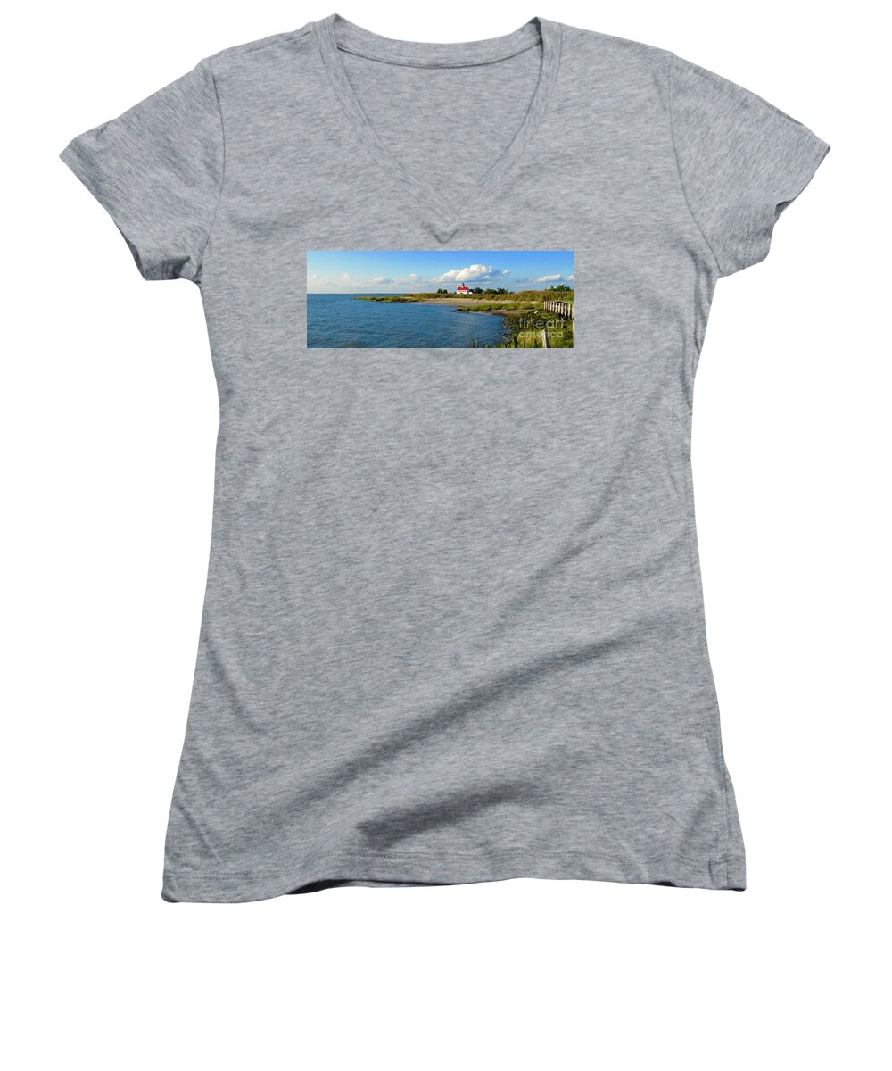 East Point Lighthouse Women's V-Neck featuring the photograph Autumn at East Point Lighthouse #1 by Nancy Patterson