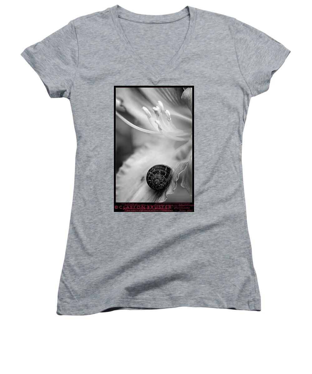 Clay Women's V-Neck featuring the photograph B and White Floral with Snail #1 by Clayton Bruster