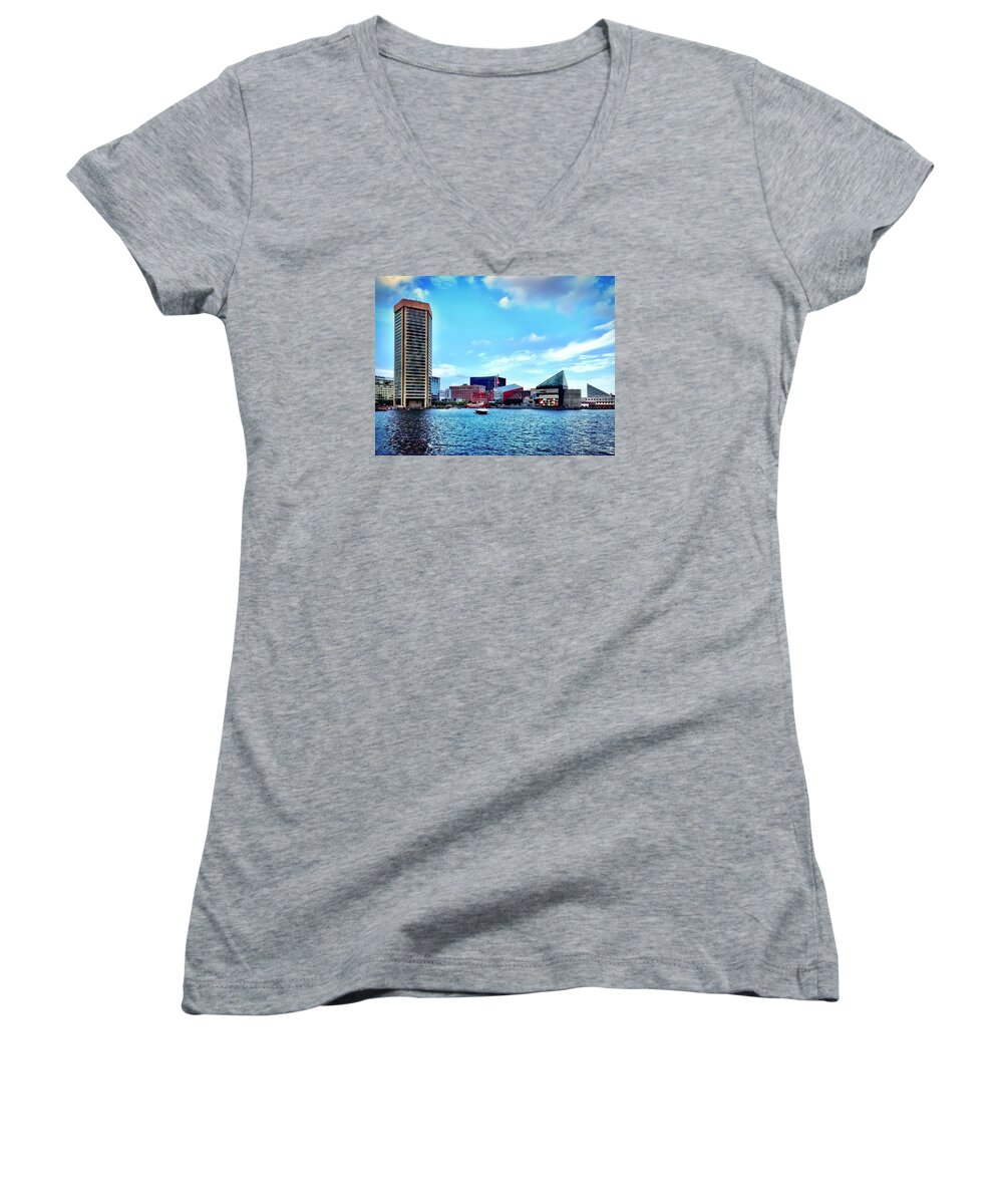 Baltimore Harbor Women's V-Neck featuring the photograph Baltimore's Inner Harbor #1 by Chris Montcalmo
