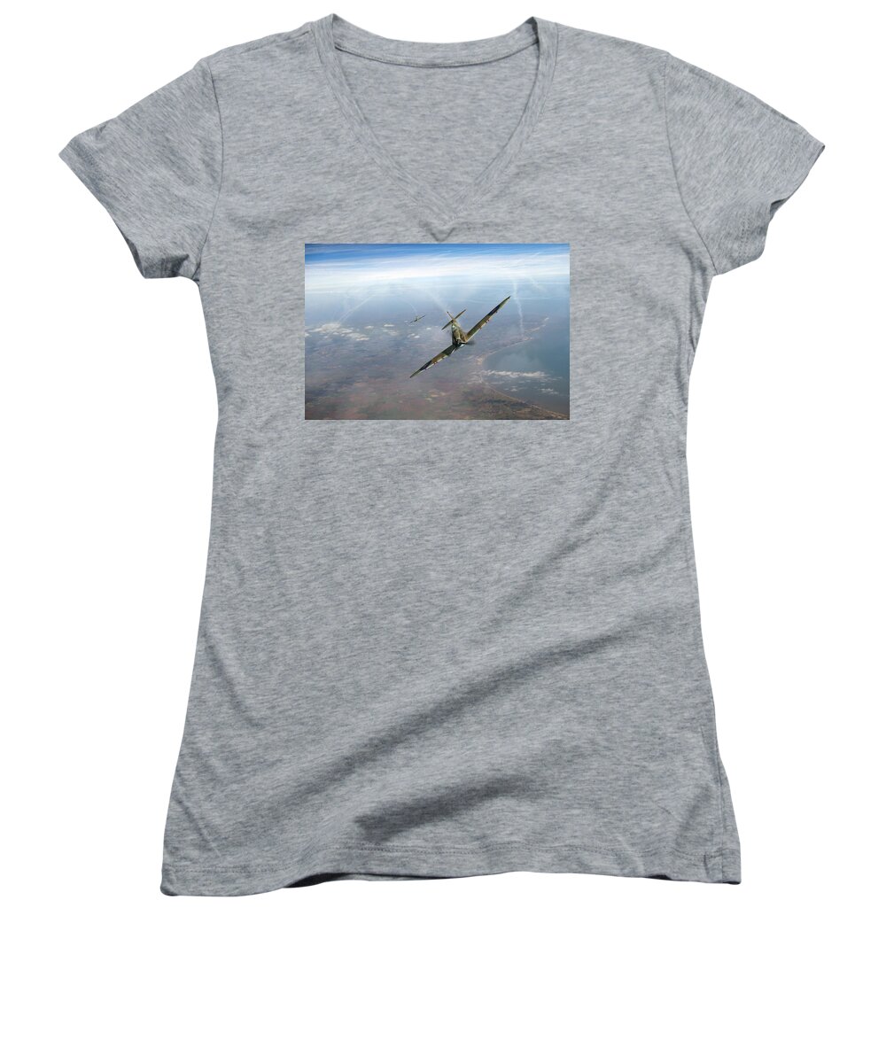 Battle Of Britain Women's V-Neck featuring the photograph Battle of Britain Spitfires over Kent #2 by Gary Eason