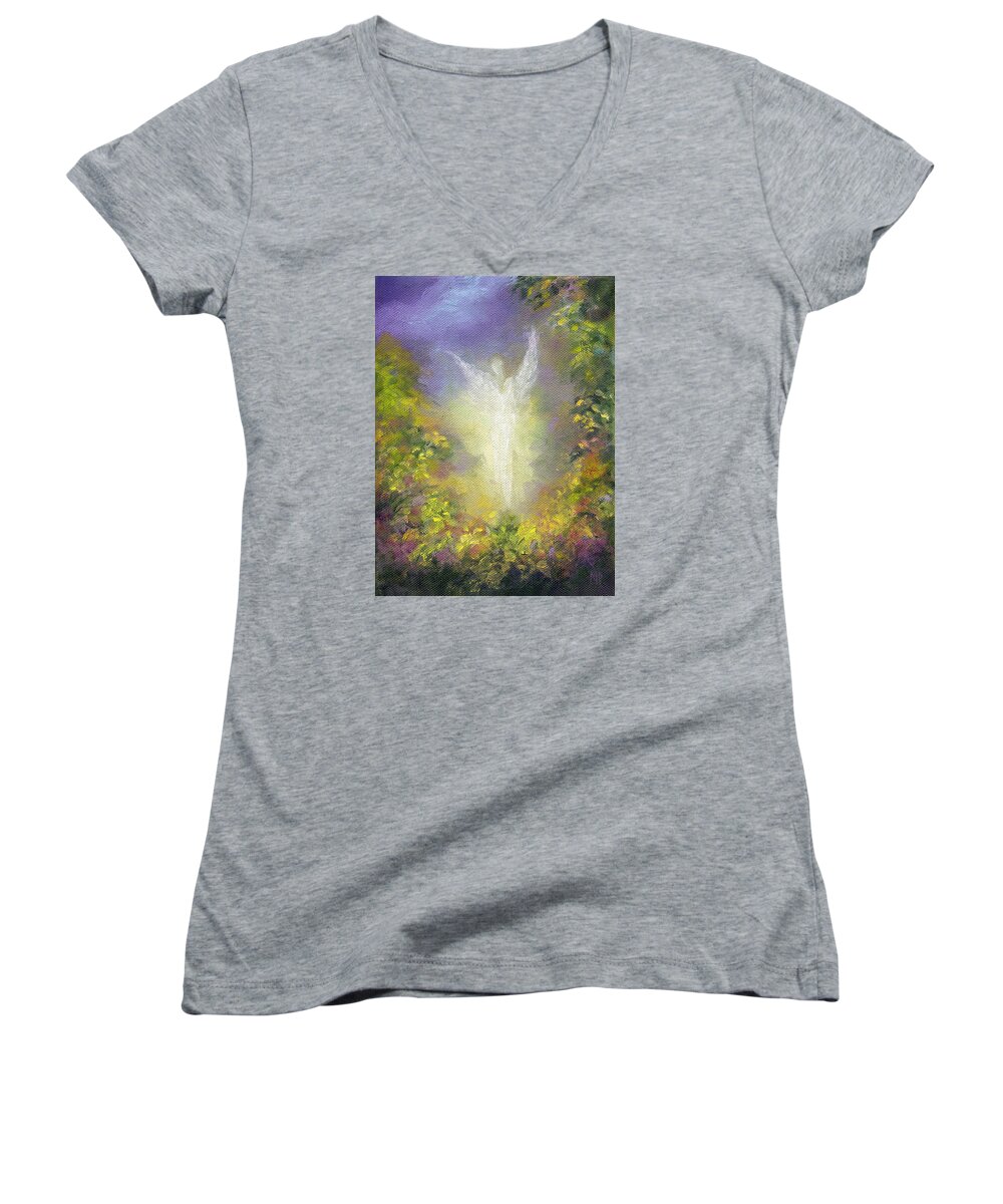 Angel Women's V-Neck featuring the painting Blessing Angel #1 by Marina Petro