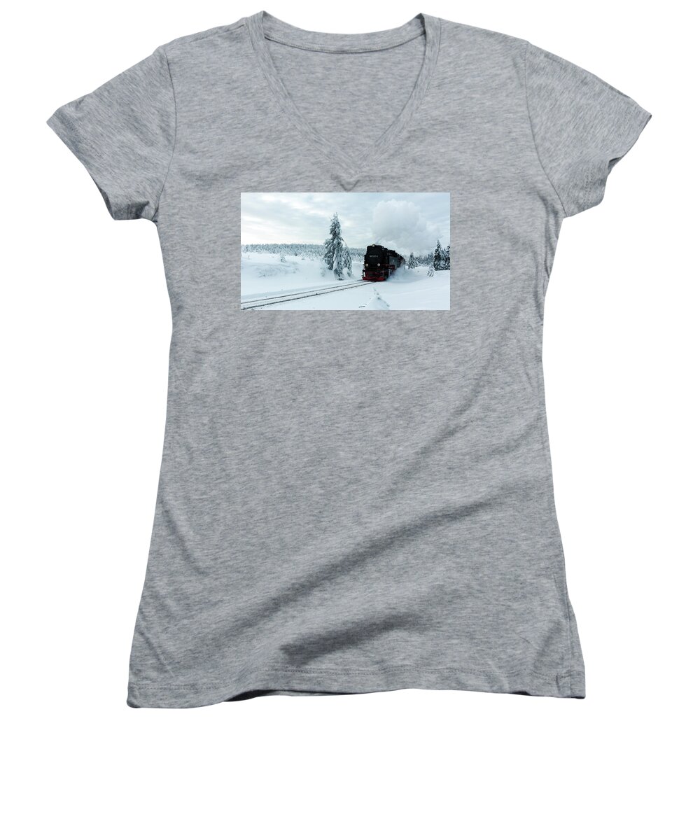 Nature Women's V-Neck featuring the photograph Brockenbahn, Harz #2 by Andreas Levi