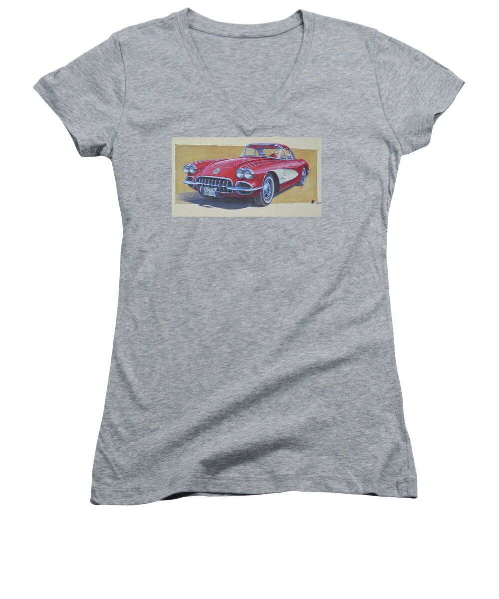Corvette Women's V-Neck featuring the painting Chevy. by Mike Jeffries