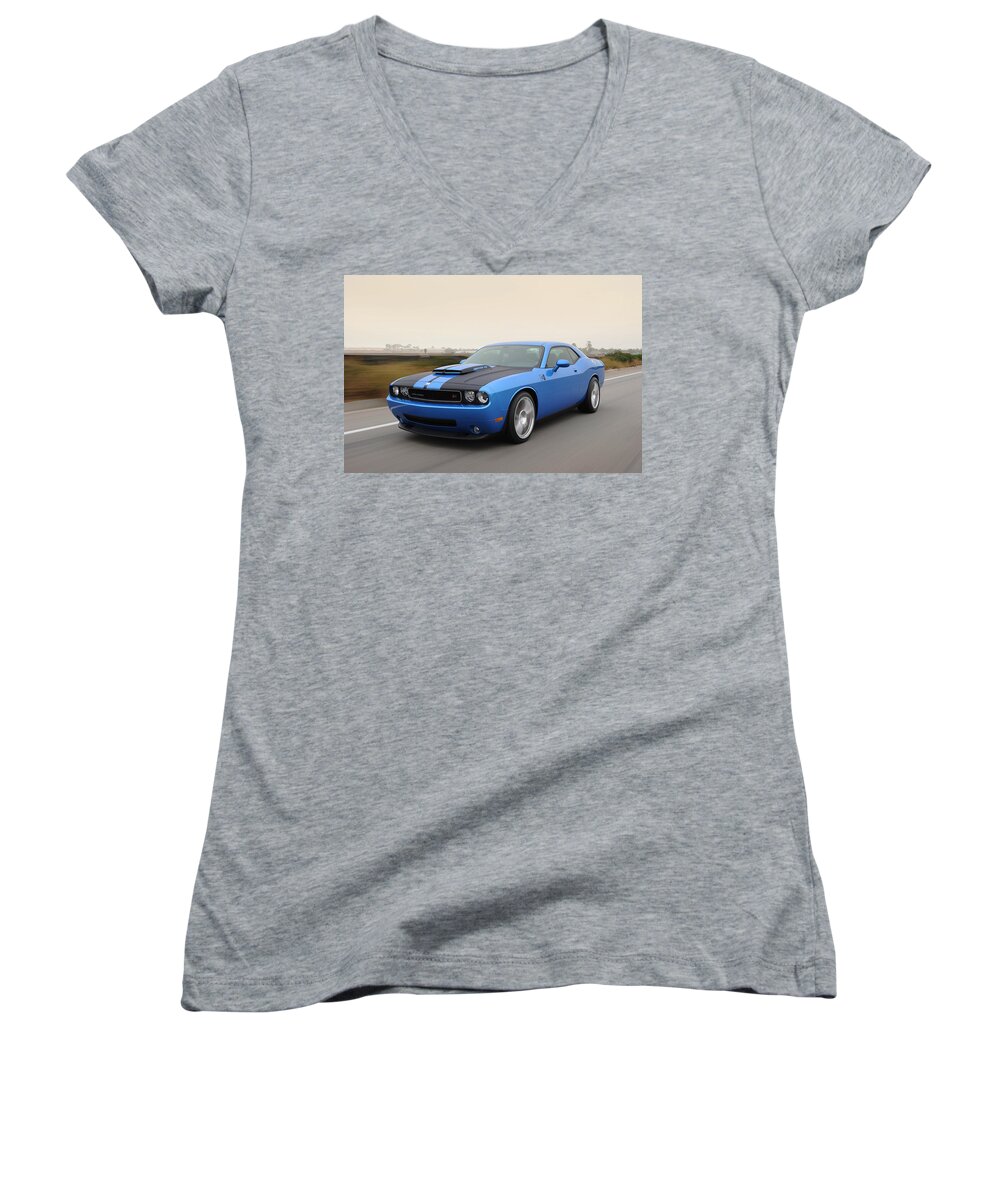 Dodge Challenger Women's V-Neck featuring the photograph Dodge Challenger #1 by Jackie Russo