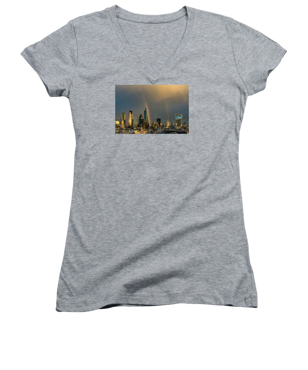 Rainbow Women's V-Neck featuring the photograph Double rainbow over the City of London #1 by Gary Eason