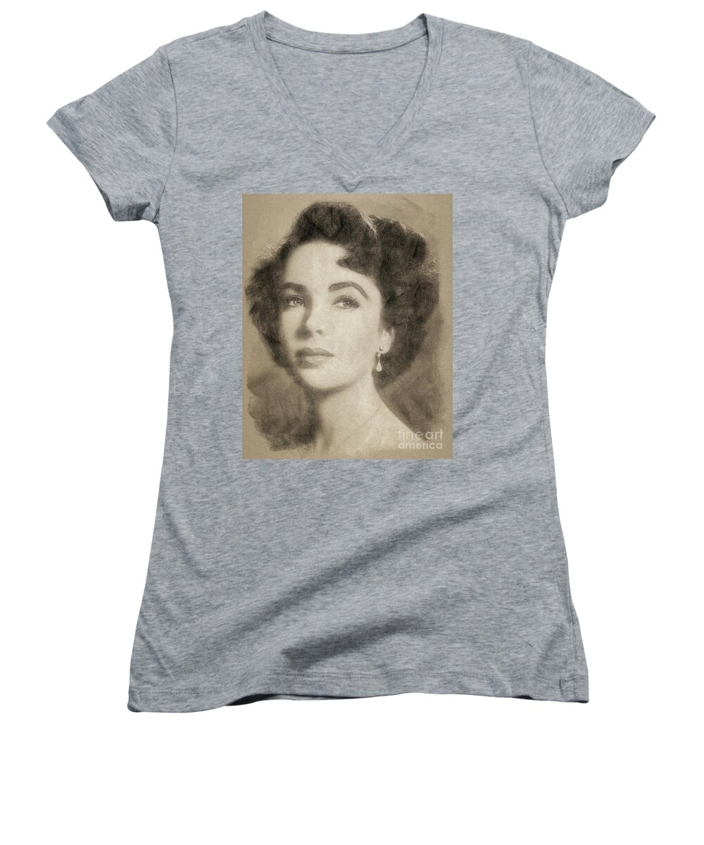 Hollywood Women's V-Neck featuring the drawing Elizabeth Taylor, Vintage Hollywood Legend by John Springfield #1 by Esoterica Art Agency