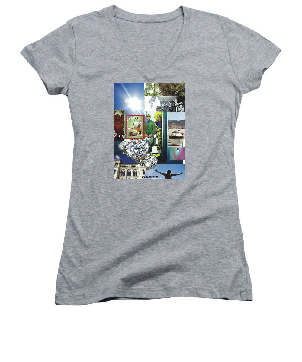 Collage Art Women's V-Neck featuring the mixed media Embrace Light and Laughter #1 by Susan Schanerman