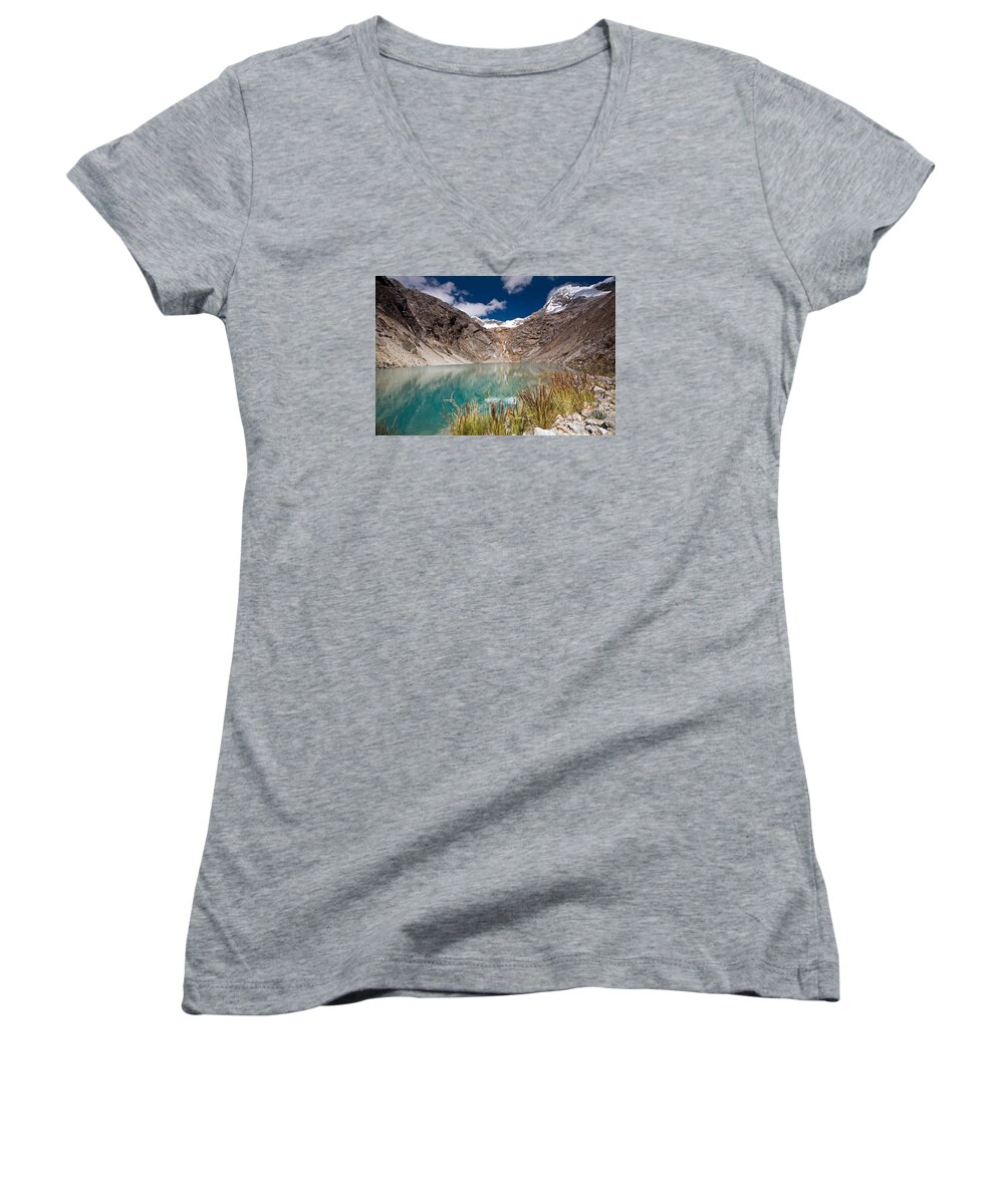 Emerald Women's V-Neck featuring the photograph Emerald Green Mountain Lake at 4500m by Aivar Mikko