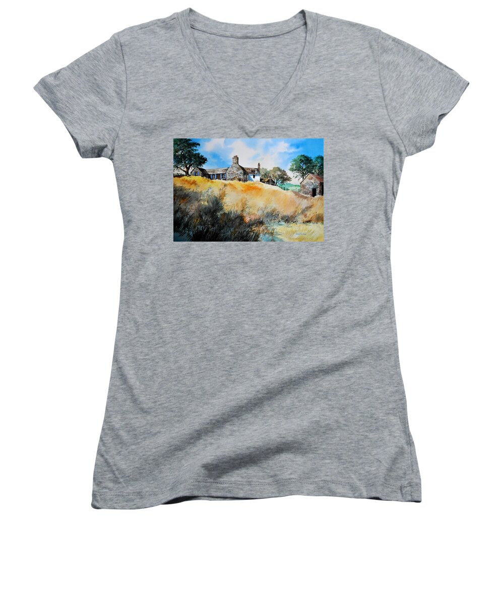 Landscape Women's V-Neck featuring the painting English Farmhouse #1 by Robert W Cook