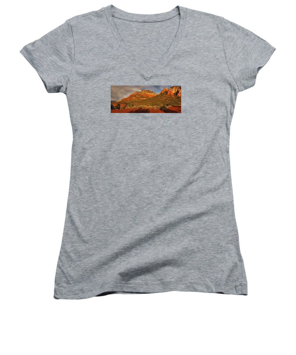 Dry Creek Vista Women's V-Neck featuring the photograph Evening Shadows pano Txt #1 by Theo O'Connor