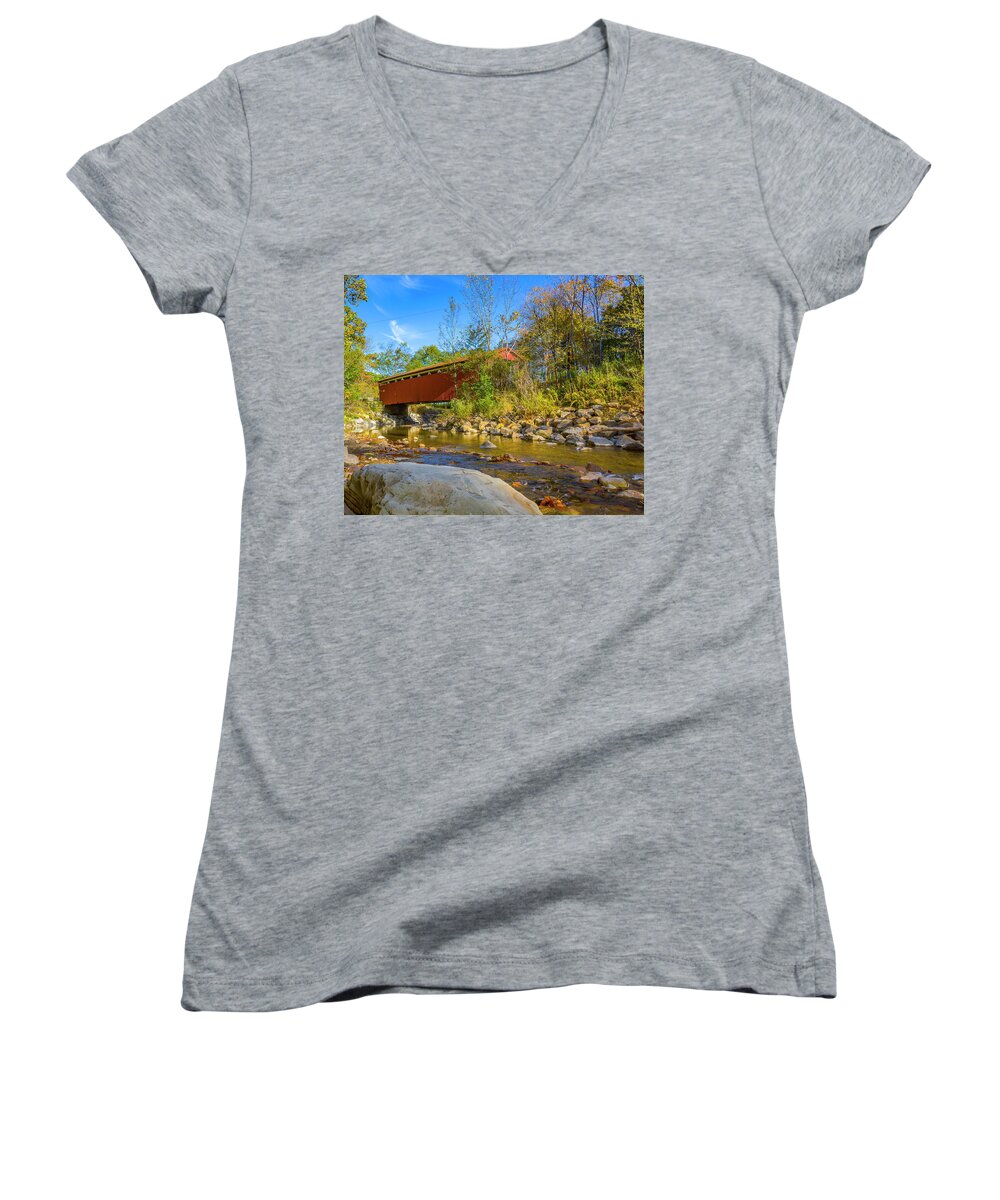 America Women's V-Neck featuring the photograph Everett Covered Bridge #1 by Jack R Perry