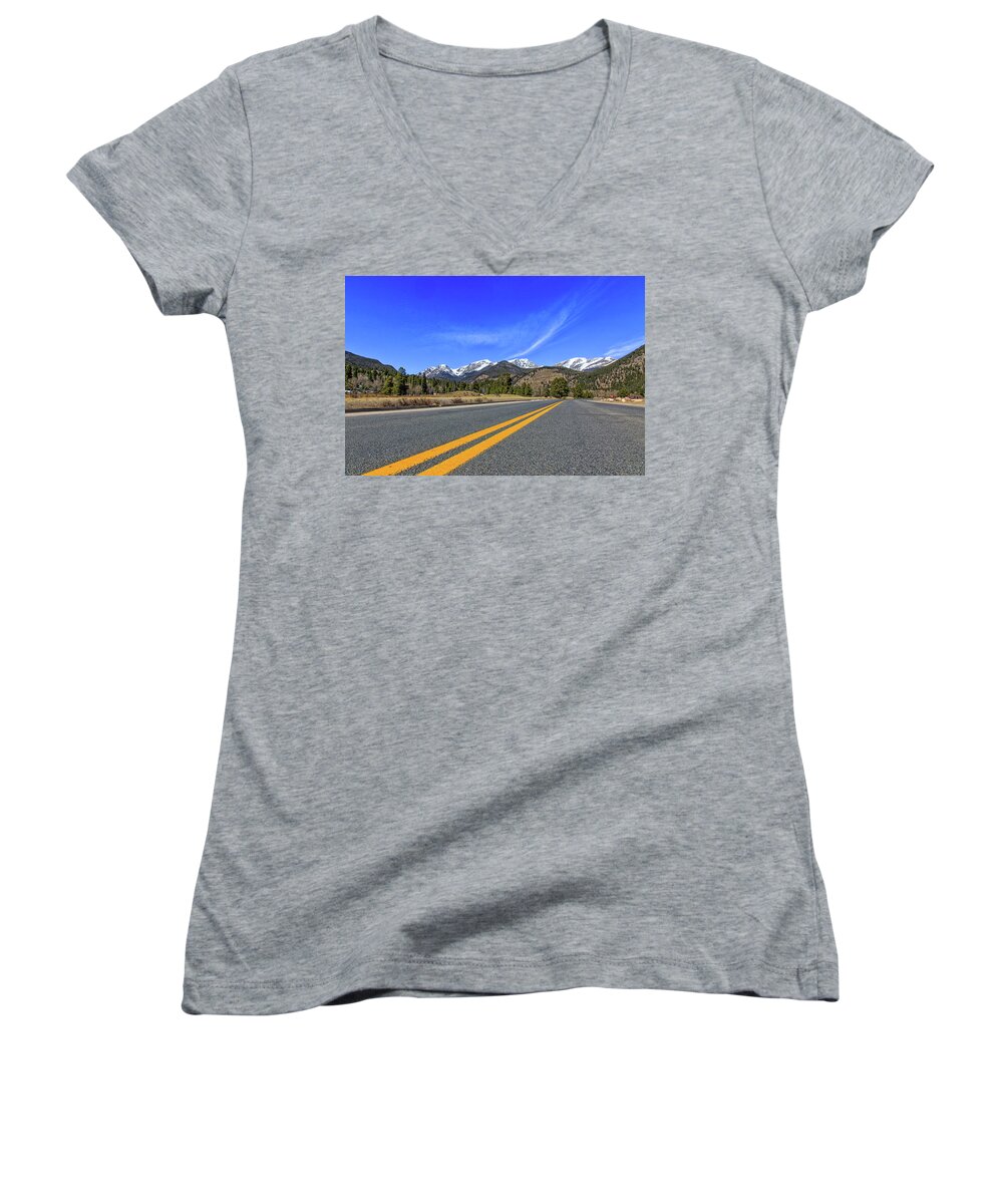 Mountain Women's V-Neck featuring the photograph Fall River Road with Mountain Background #1 by Peter Ciro