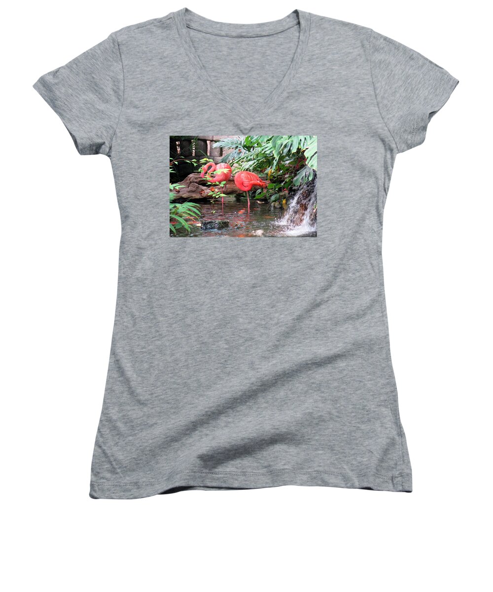 Flamingos Women's V-Neck featuring the photograph Flamingos #1 by Betty Buller Whitehead