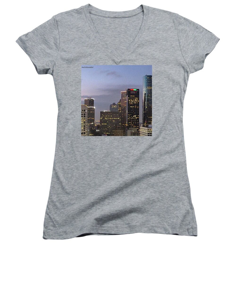 Houston Women's V-Neck featuring the photograph #flashbackfriday - The View Of #1 by Austin Tuxedo Cat