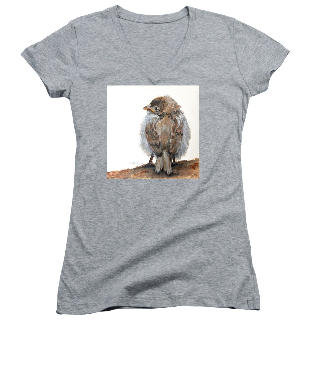 Young Sparrow Women's V-Neck featuring the painting Fledgling Sparrow #1 by Pat Dolan