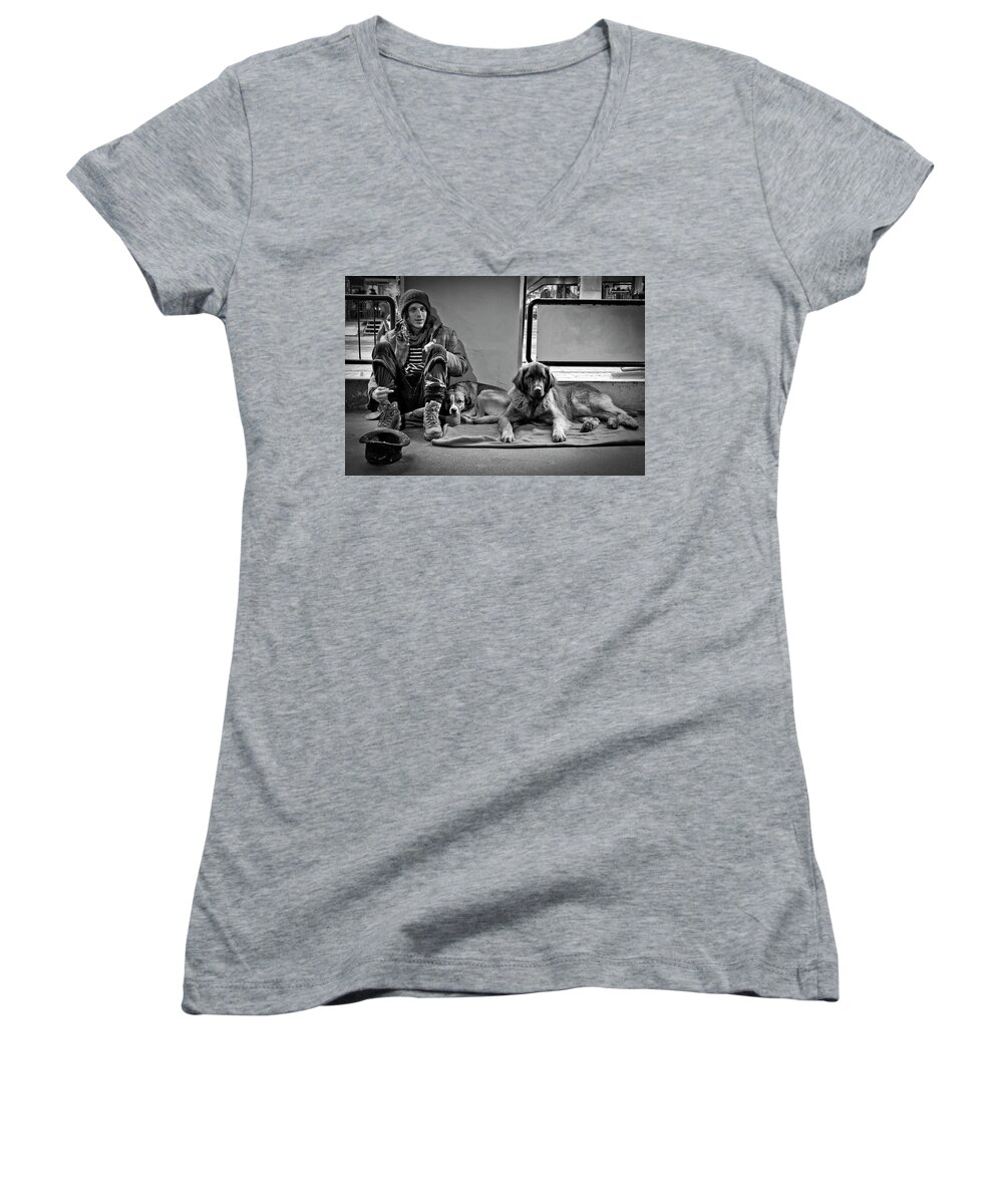 B&w Women's V-Neck featuring the photograph For the Love of Dog #1 by Sonny Marcyan