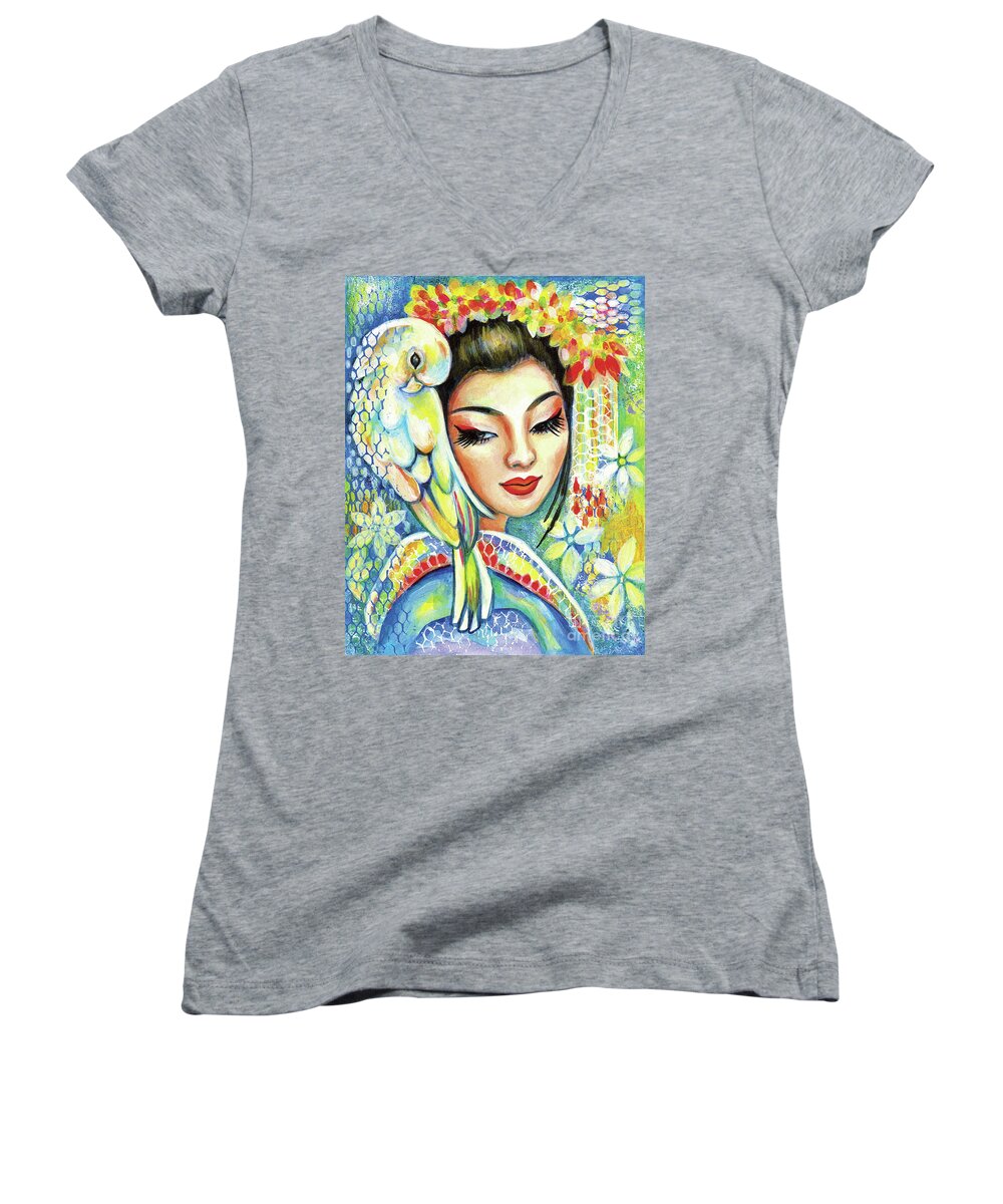 Woman And Parrot Women's V-Neck featuring the painting Harmony by Eva Campbell