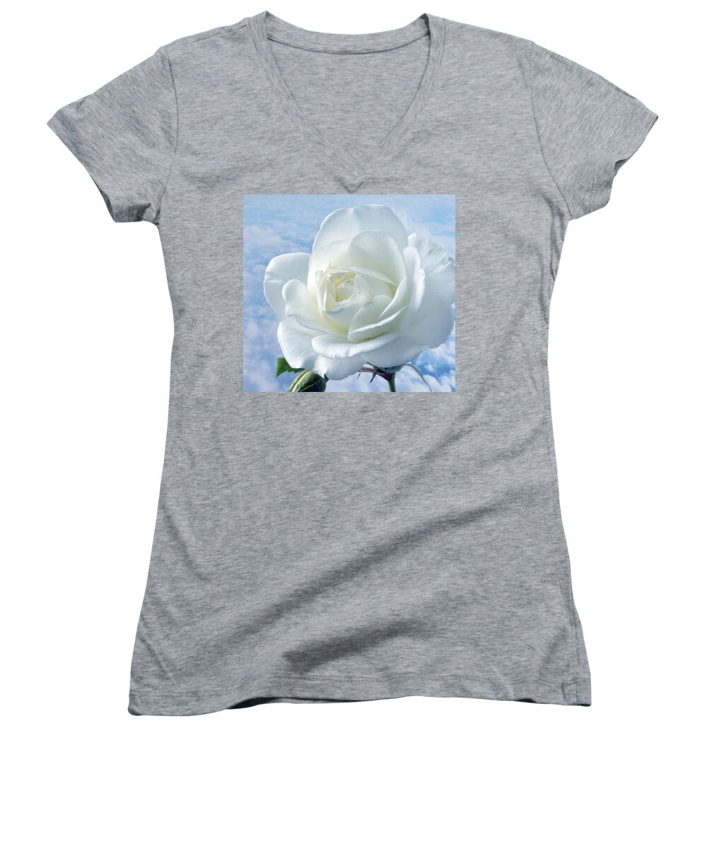 Rose Women's V-Neck featuring the photograph Heavenly White Rose. by Terence Davis