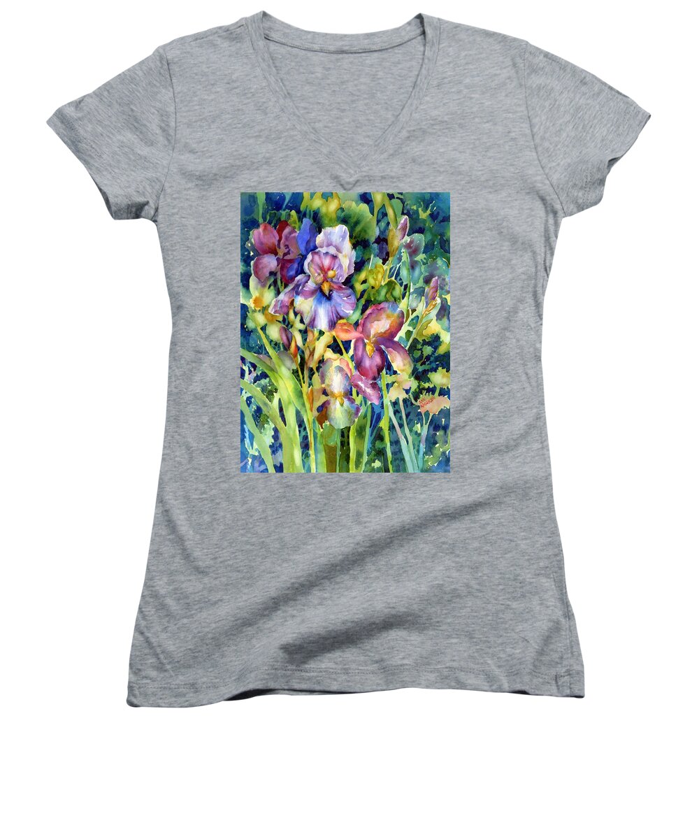 Watercolor Women's V-Neck featuring the painting Iris II #1 by Ann Nicholson