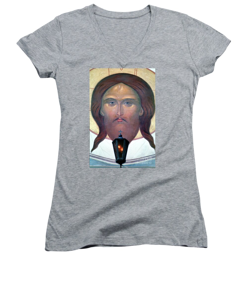 Jesus Christ Women's V-Neck featuring the photograph Jesus Icon at the Trinity Lavra of St. Sergius Monastery in Sergiev Posad #1 by Wernher Krutein