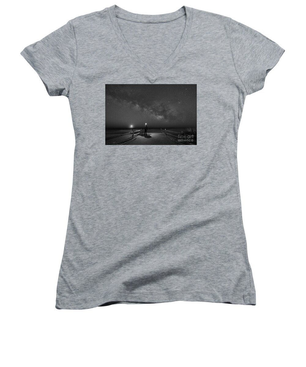 Midnight Explorer Women's V-Neck featuring the photograph Midnight Explorer Moonrise Milky Way at the Jersey Shore #1 by Michael Ver Sprill