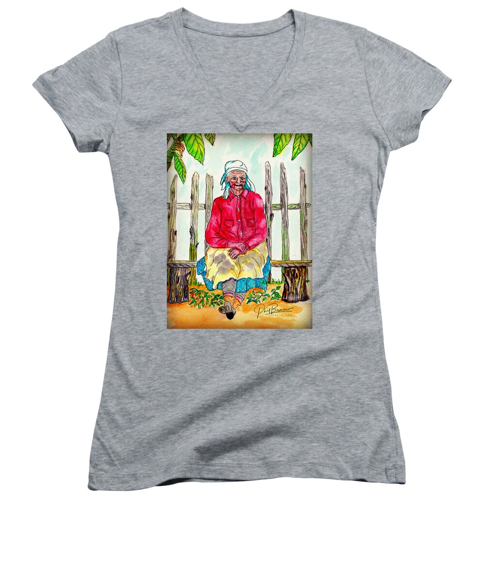 Migrant Workers Women's V-Neck featuring the painting Old Migrant Worker, Resting, Arcadia, Florida 1975 by Philip And Robbie Bracco