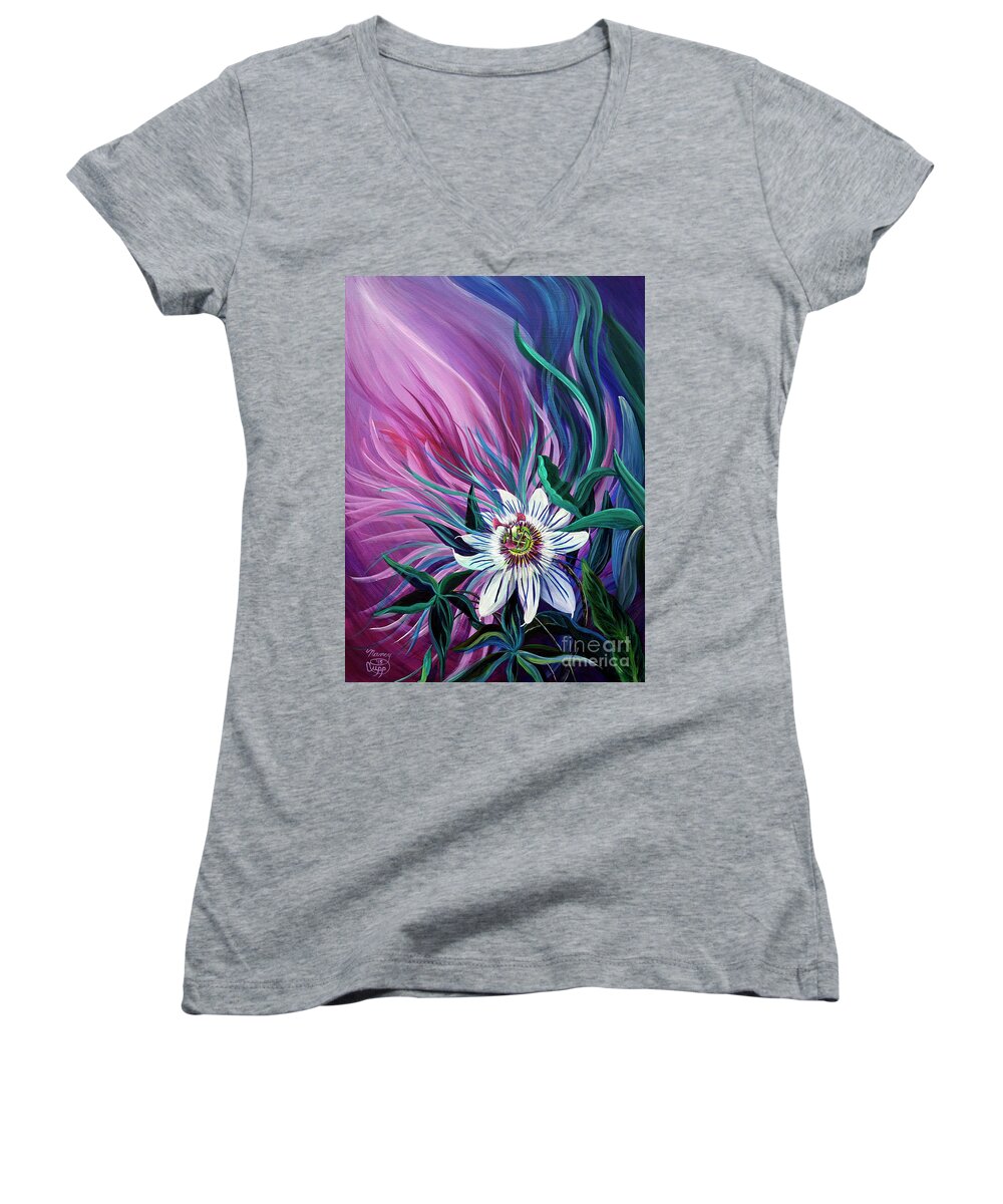 Passion Flower Women's V-Neck featuring the painting Passion Flower by Nancy Cupp