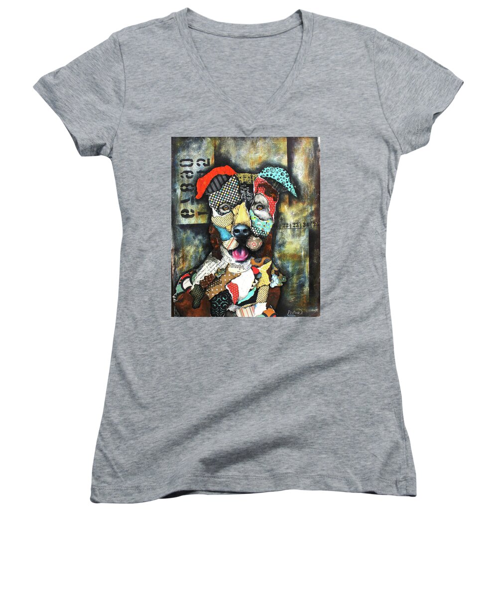 Pitbull Women's V-Neck featuring the mixed media Pit Bull by Patricia Lintner