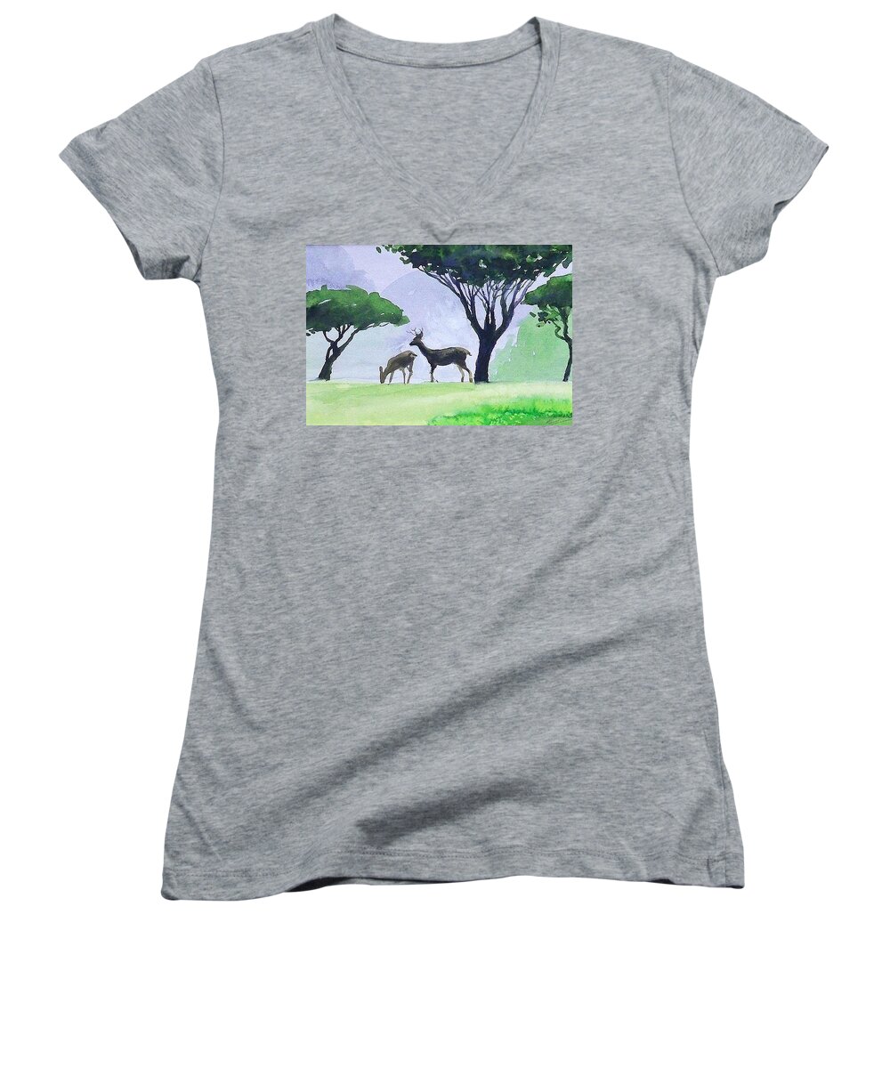 Outdoors Ocean Trees Deer Weather Travel Women's V-Neck featuring the painting Point Lobos #2 by Ed Heaton