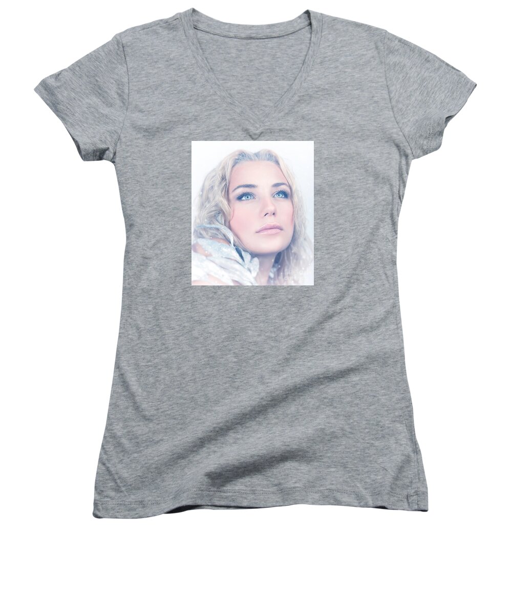 Attractive Women's V-Neck featuring the photograph Portrait of gorgeous female #1 by Anna Om
