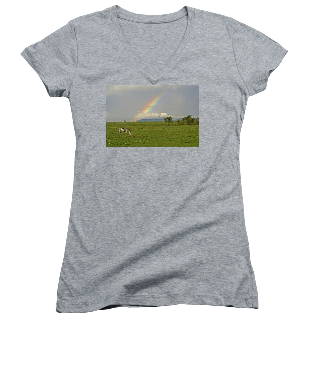 Africa Women's V-Neck featuring the photograph Rainbow Over the Masai Mara #1 by Michele Burgess