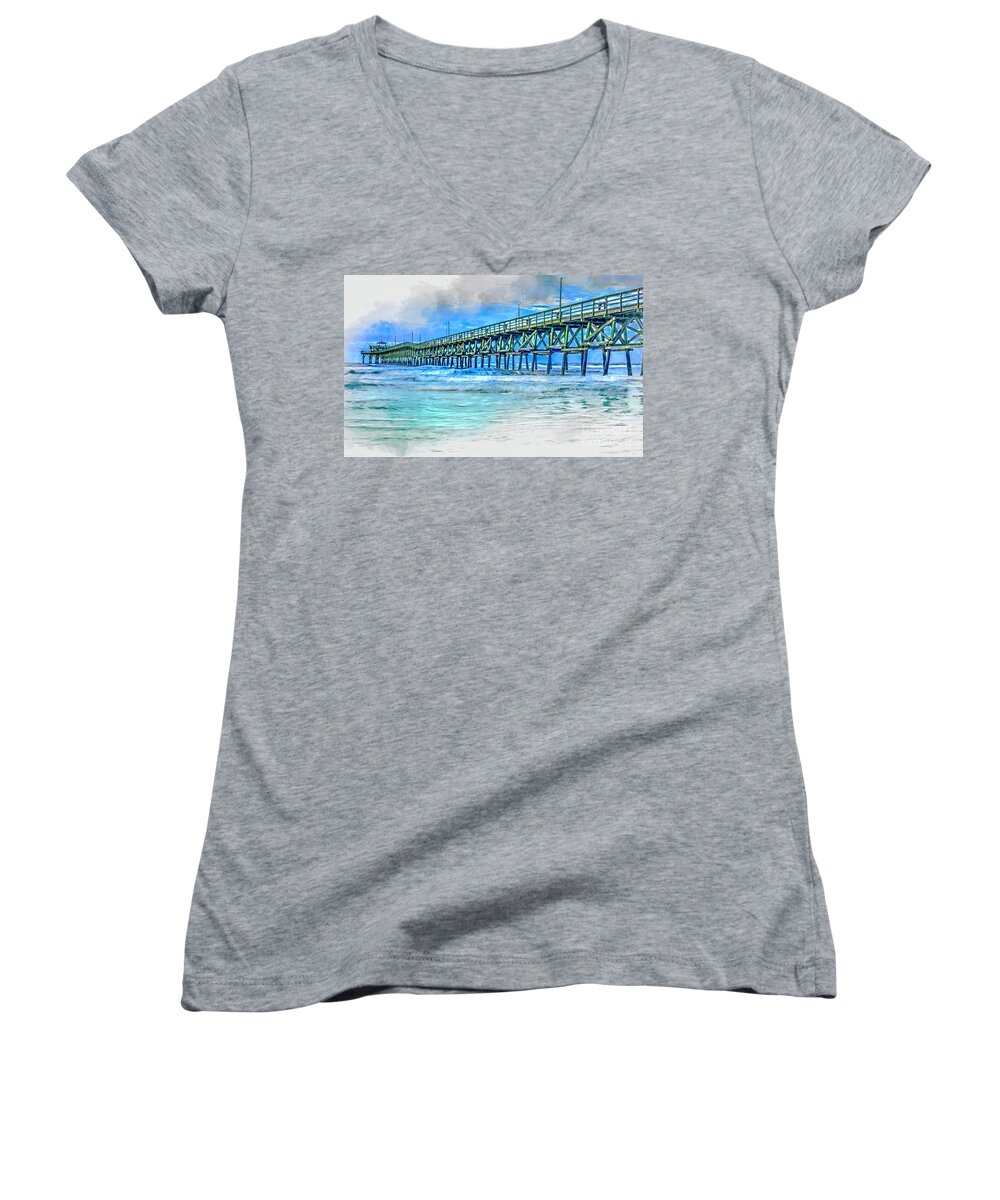 Sea Blue Women's V-Neck featuring the digital art Sea Blue - Cherry Grove Pier #1 by David Smith